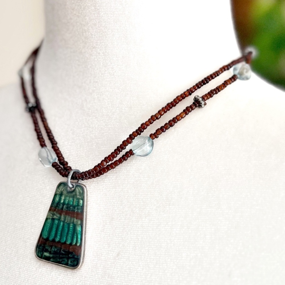 Kenneth Cole Green Inlay Pendant Necklace Seed Beads 16” + 3” Extender Y2K Boho - Picture 3 of 8